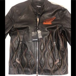 Dsquared2 Mens Leather Biker Black Jacket Size 50